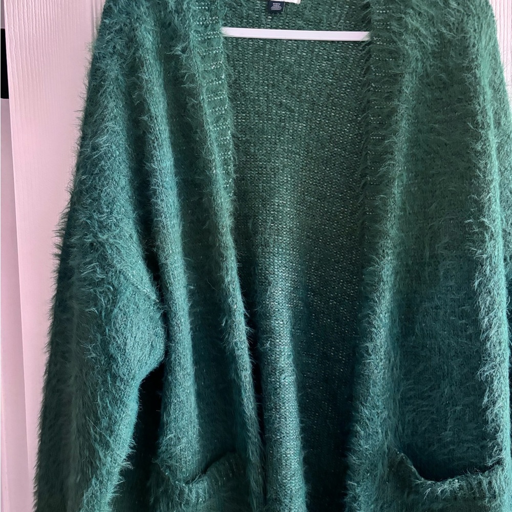 American Eagle, green fuzzy cardigan